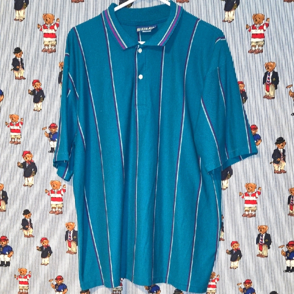 Vintage 80s 90s Harbor Bay Aqua Berry Striped Polo 2xl Made In Usa